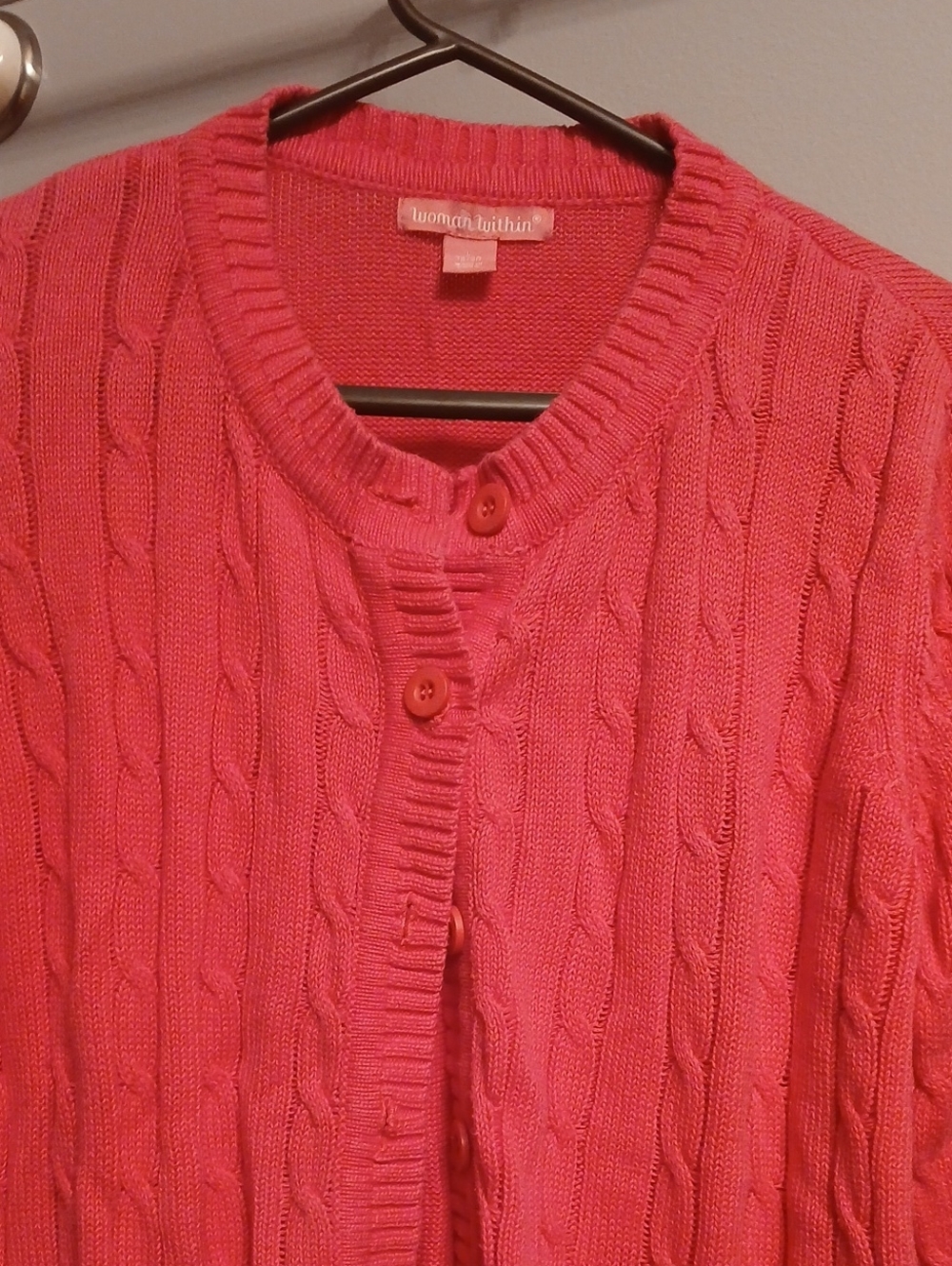 Woman Within Coral Pink Cable-Knit Button Cardigan